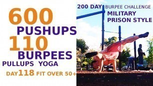 '600 pushups 110 burpees fitness test side Crow pose yoga'